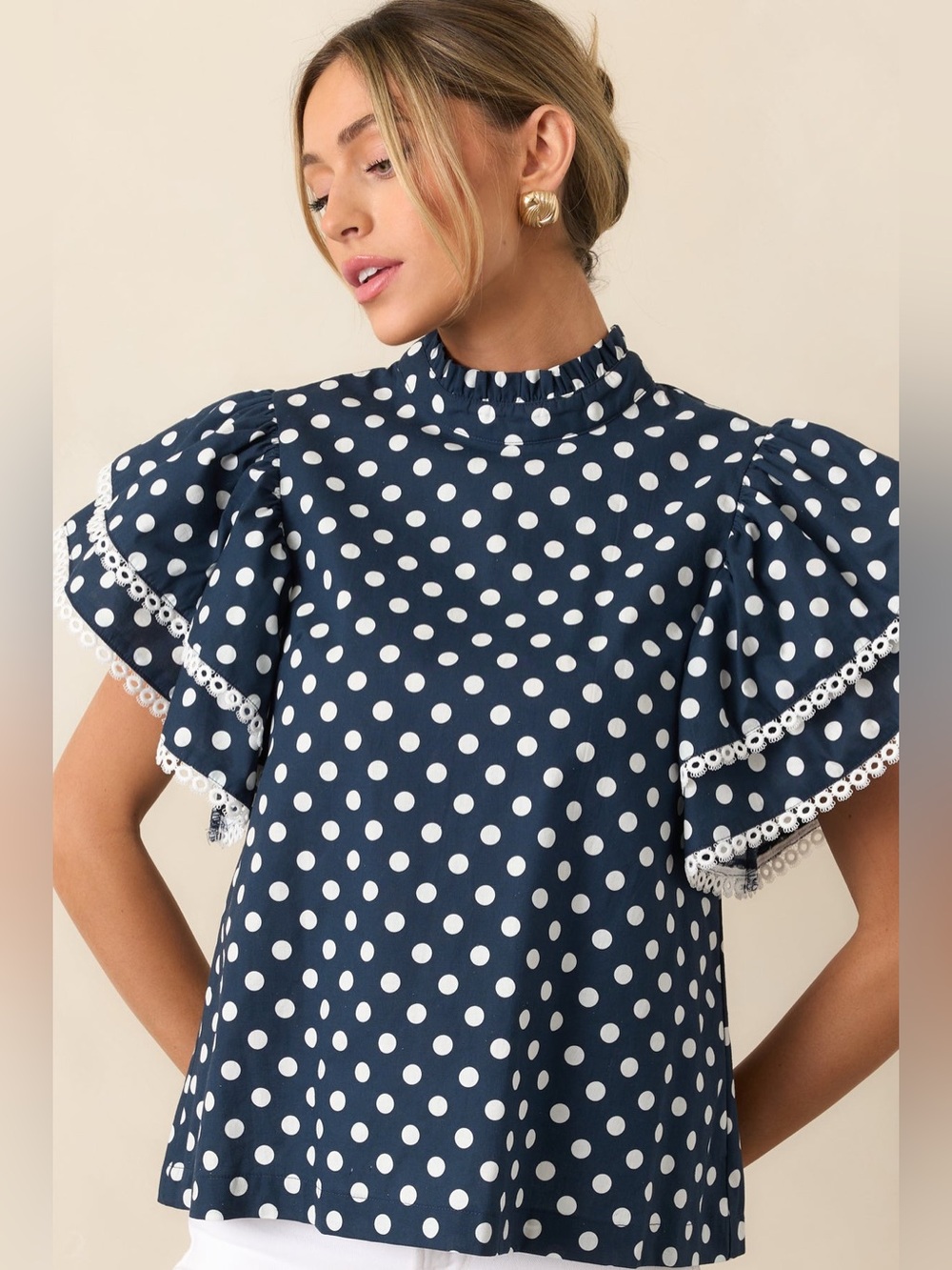 NEW PROSPERINA | Blair Ruffle Top | Navy Polka Dot Cotton | Small | MSRP $138